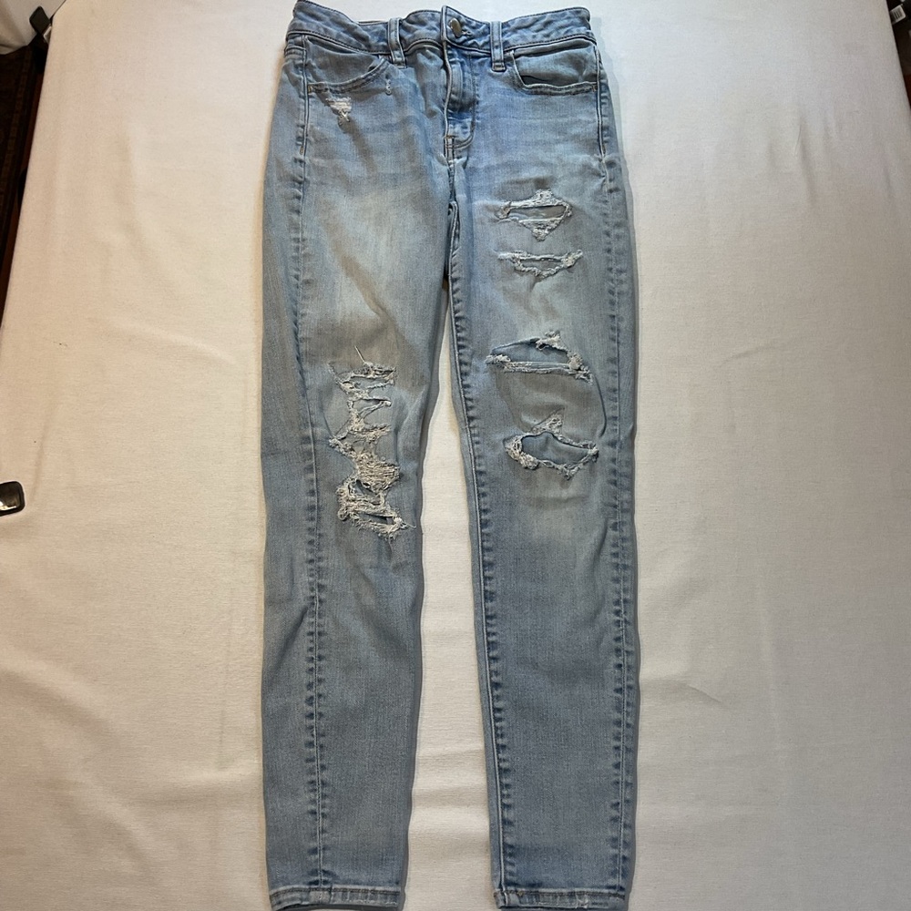 American Eagle Womens Hi-Rise Jeggings Ripped Light Wash Jeans Size 2 Distressed